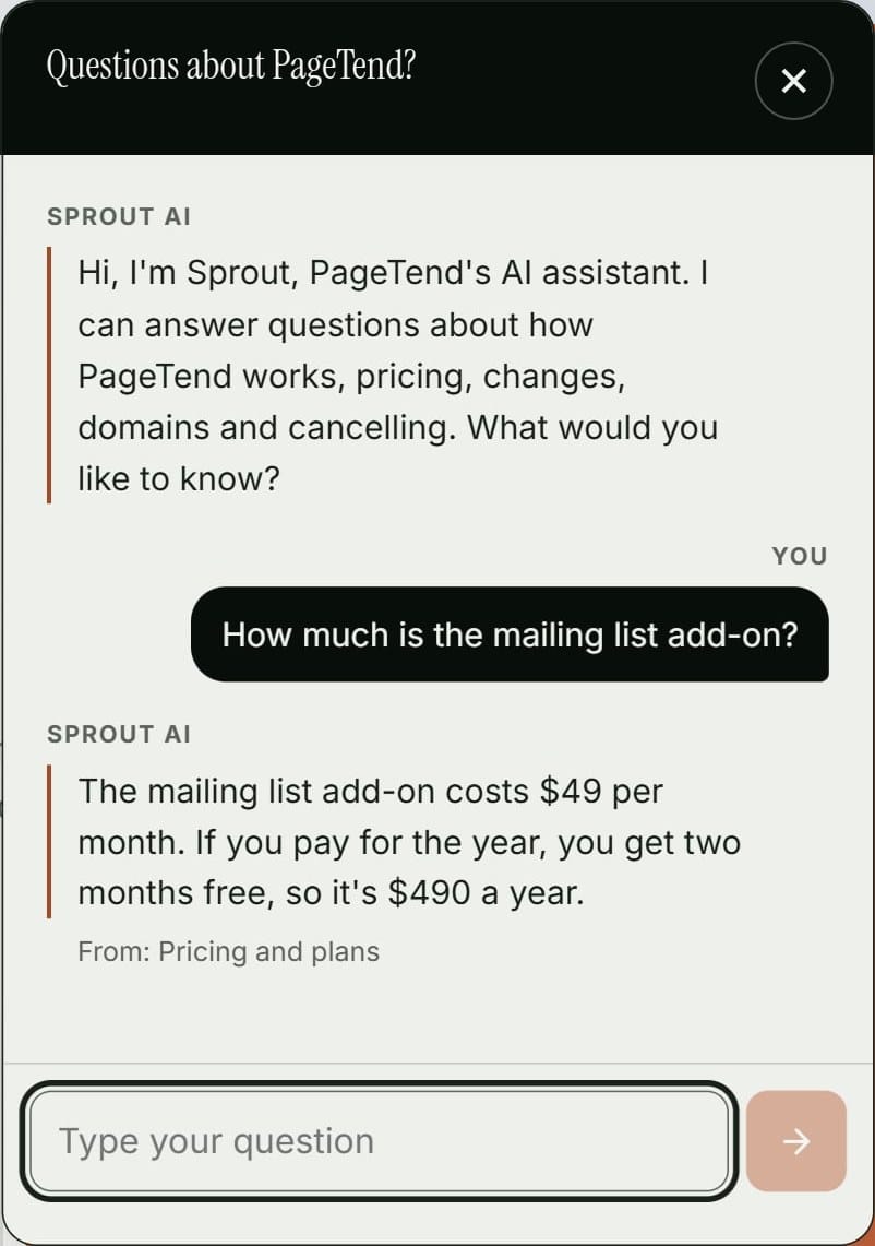 The PageTend chat assistant answering “How much is the mailing list add-on?” with the price, and the source underneath