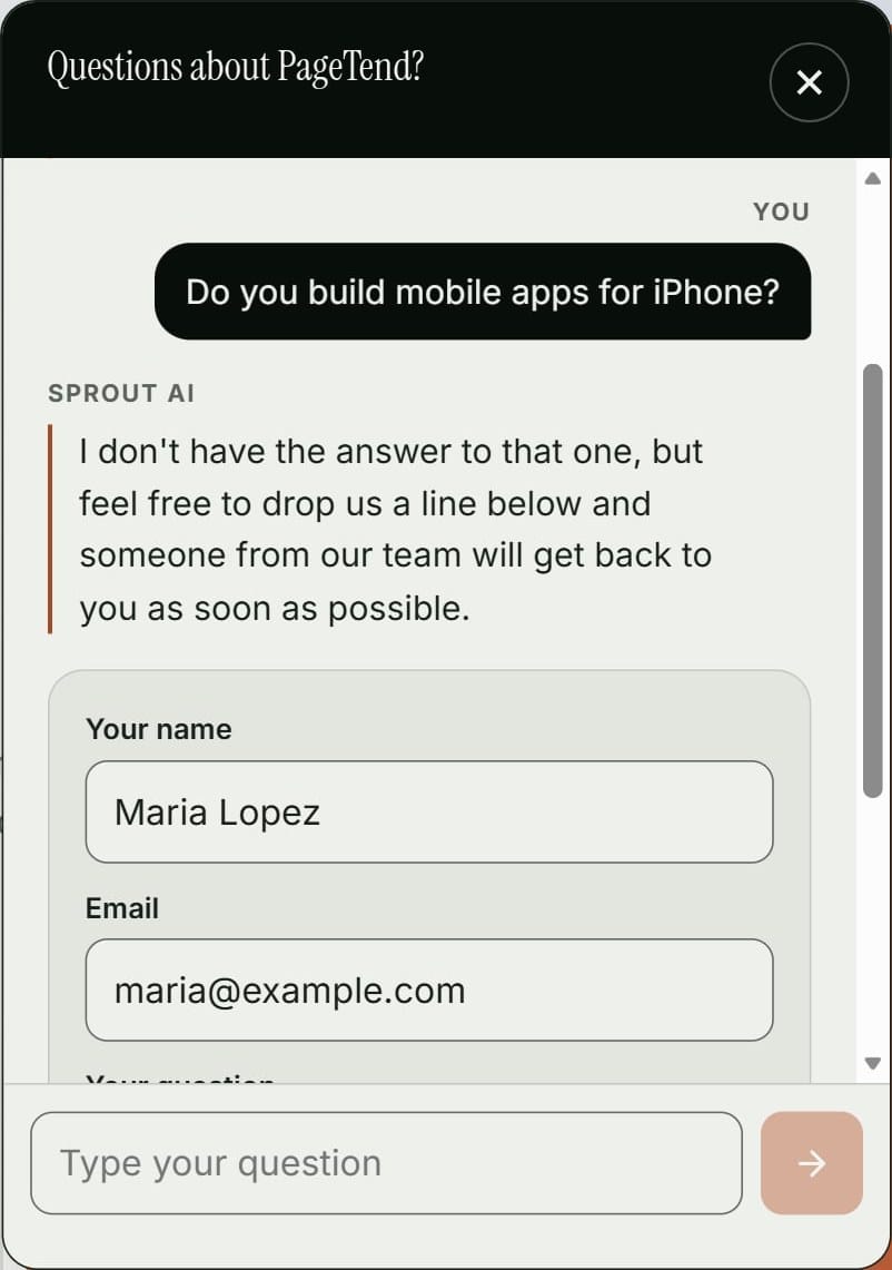The chat assistant saying it doesn’t have the answer and showing a short form for the visitor’s name, email and question
