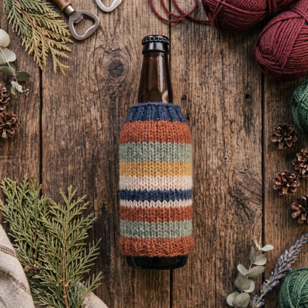 An overall photo of a striped knitted cozy on a bottle