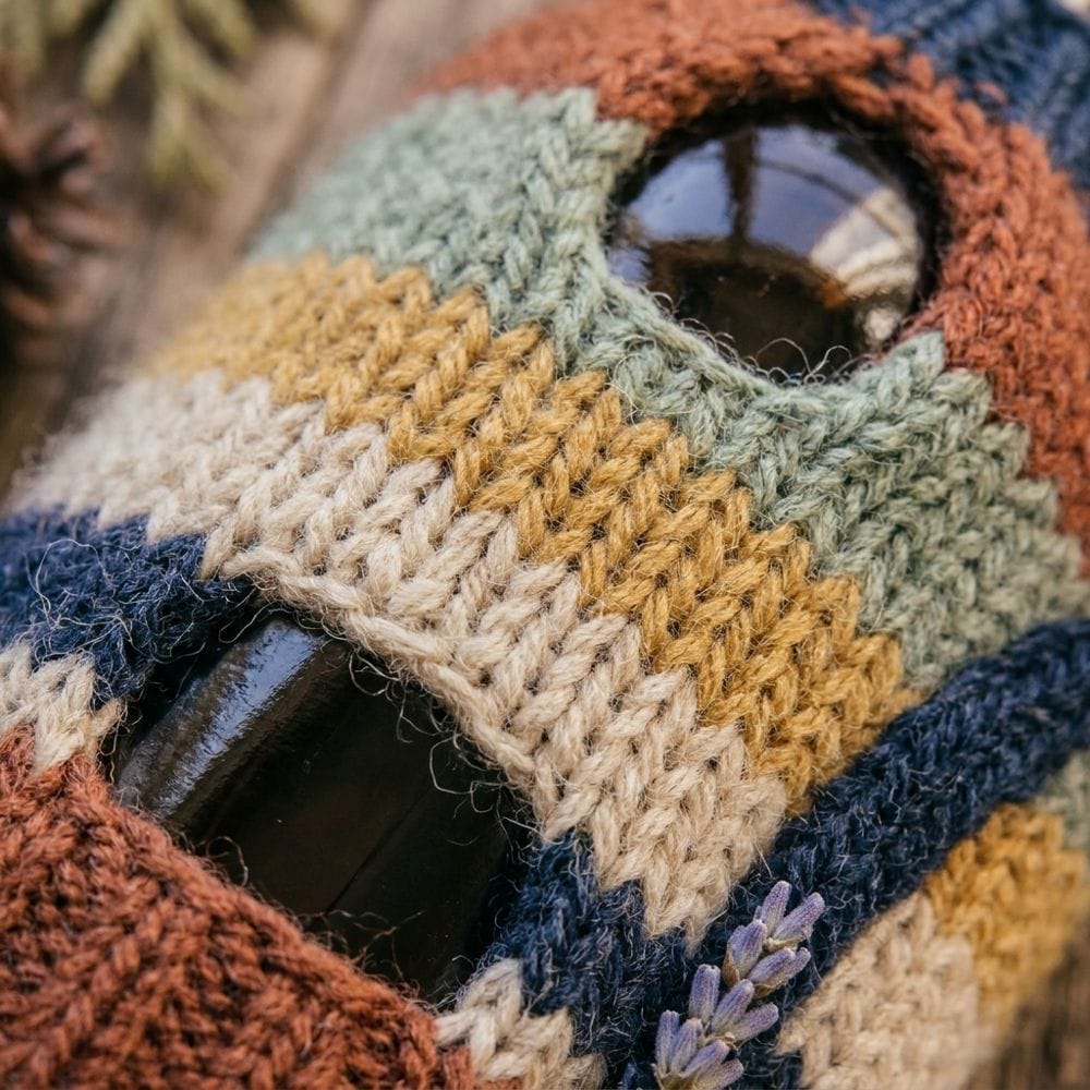 A close-up photo of a striped knitted cozy on a bottle