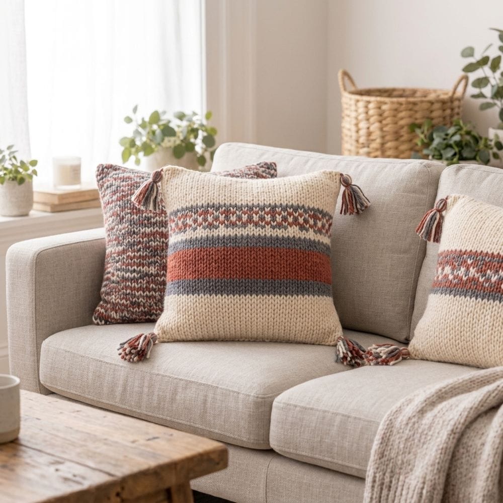 An overall photo of a knitted cushion cover with a tassel on a sofa
