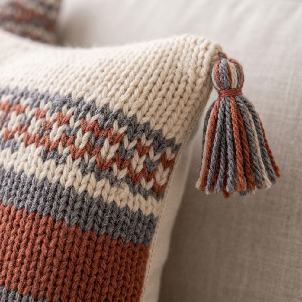 A close-up photo of a knitted cushion cover with a tassel on a sofa