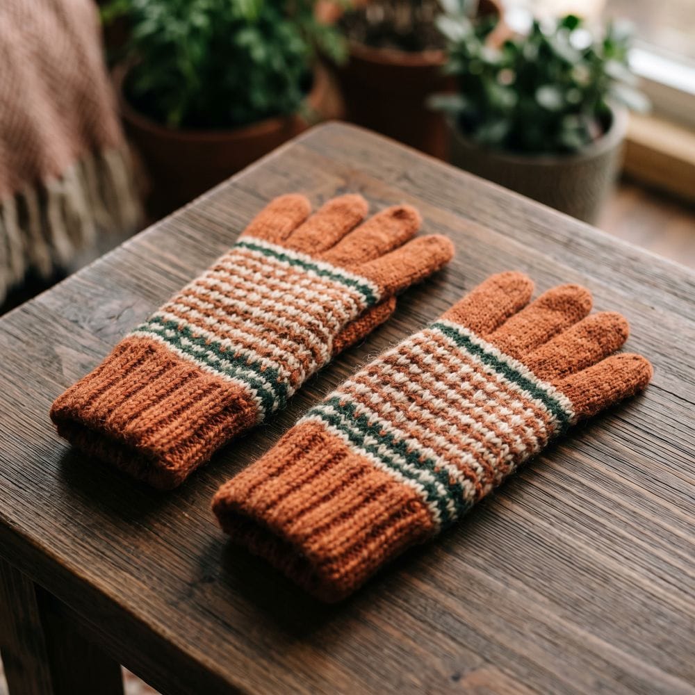 An overall photo of rust-orange fingerless gloves with green stripes
