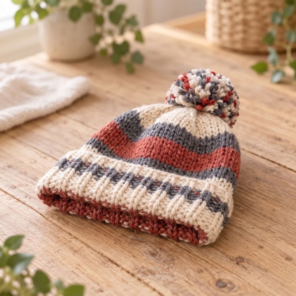 An overall photo of a cream pom-pom beanie with rust and navy stripes