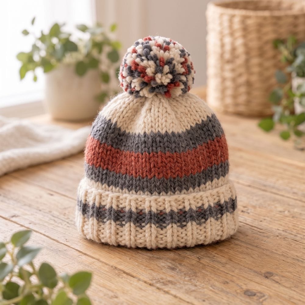 A close-up photo of a cream pom-pom beanie with rust and navy stripes