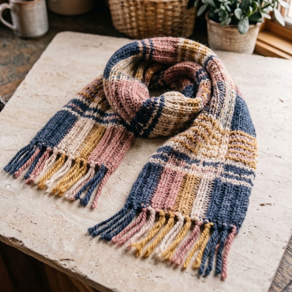 An overall photo of a plaid knitted scarf with a fringe in navy, rose and mustard