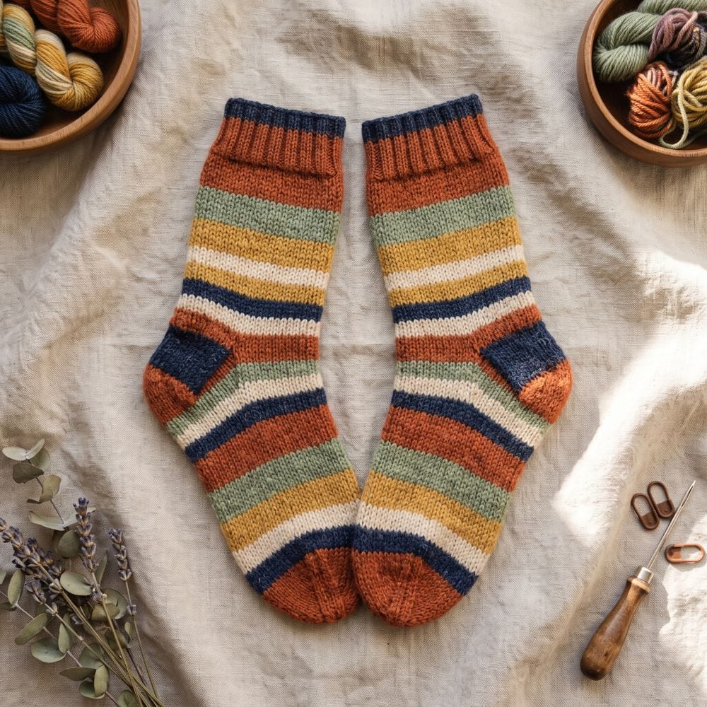 An overall photo of a pair of striped wool socks in rust, mustard and green
