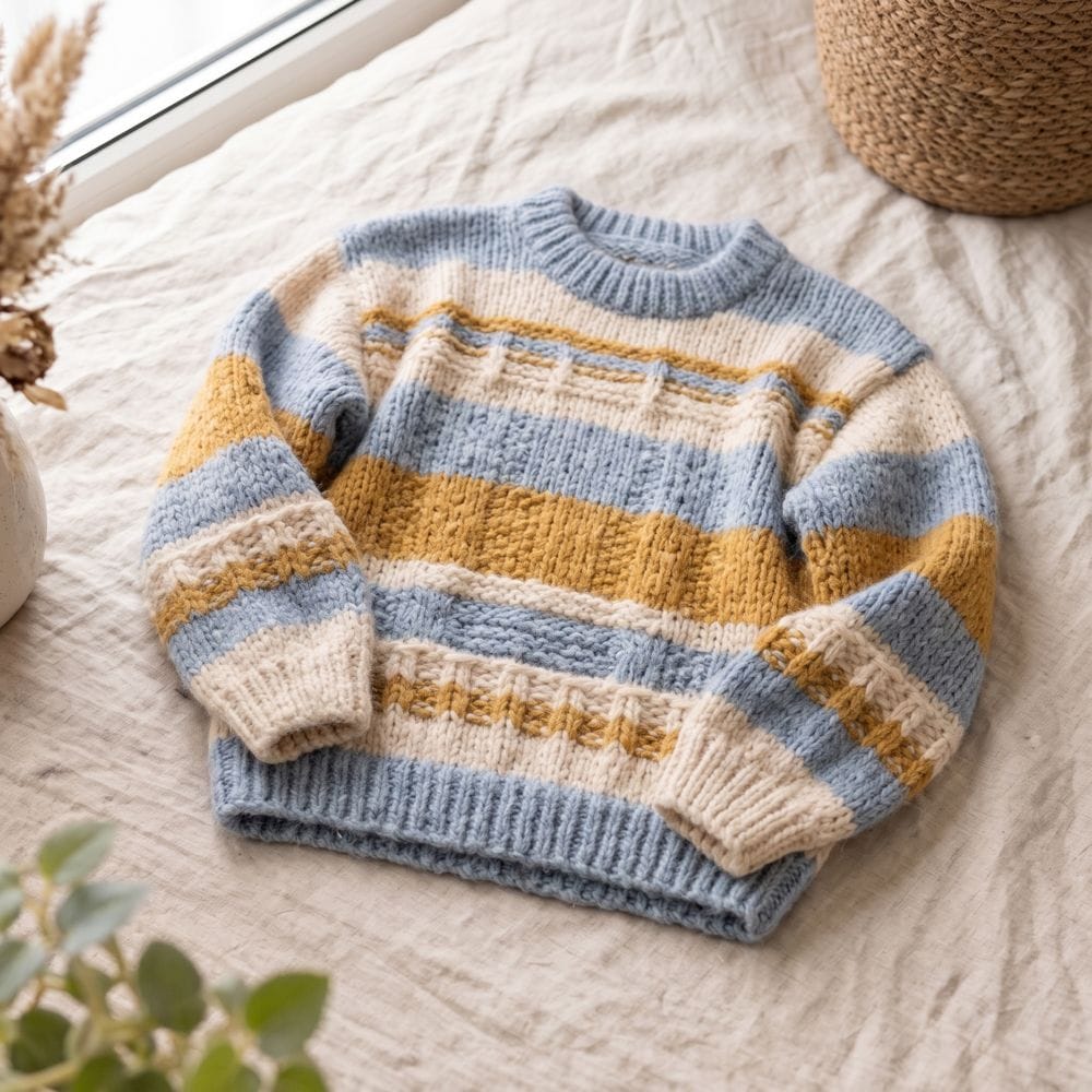 An overall photo of a striped hand-knit sweater in sky blue, oat and mustard