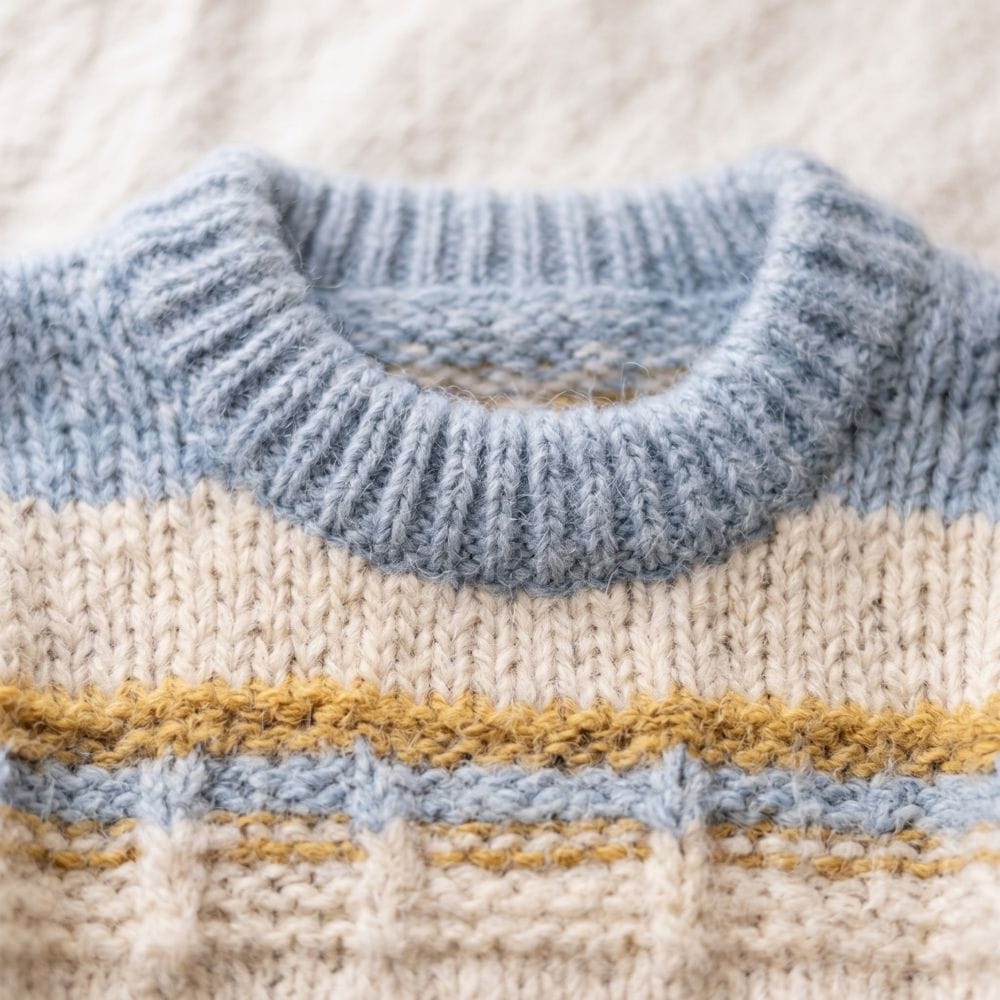 A close-up photo of a striped hand-knit sweater in sky blue, oat and mustard