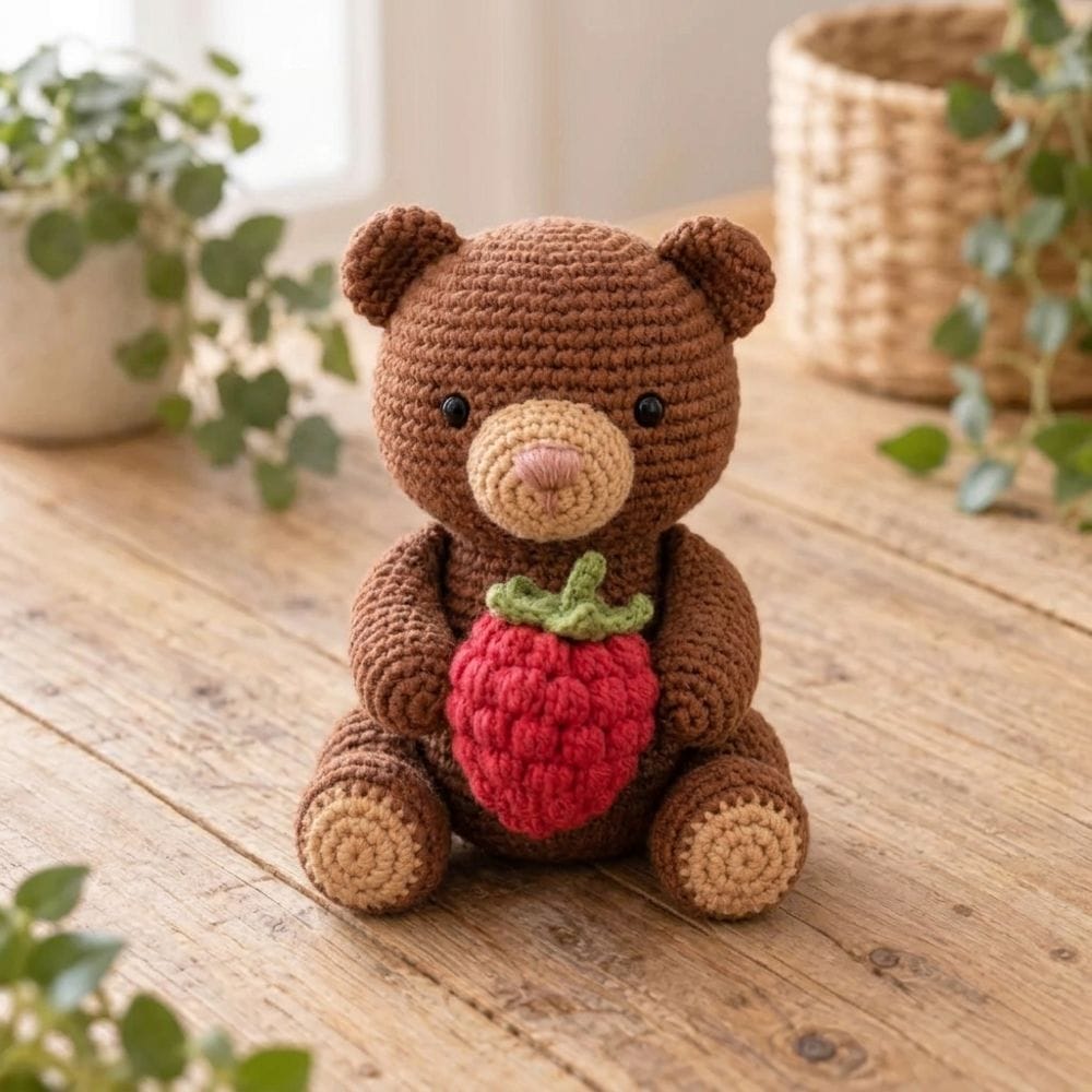 An overall photo of a crocheted brown bear holding a strawberry