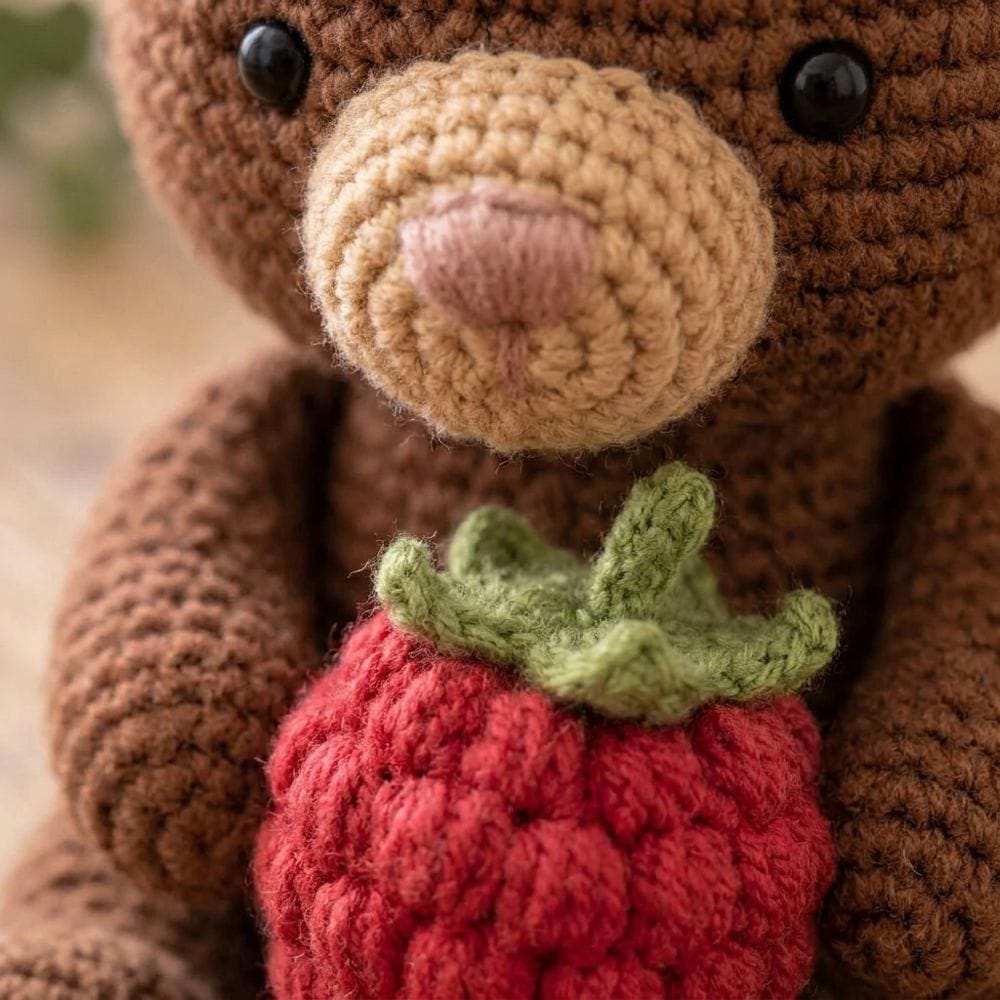 A close-up photo of a crocheted brown bear holding a strawberry
