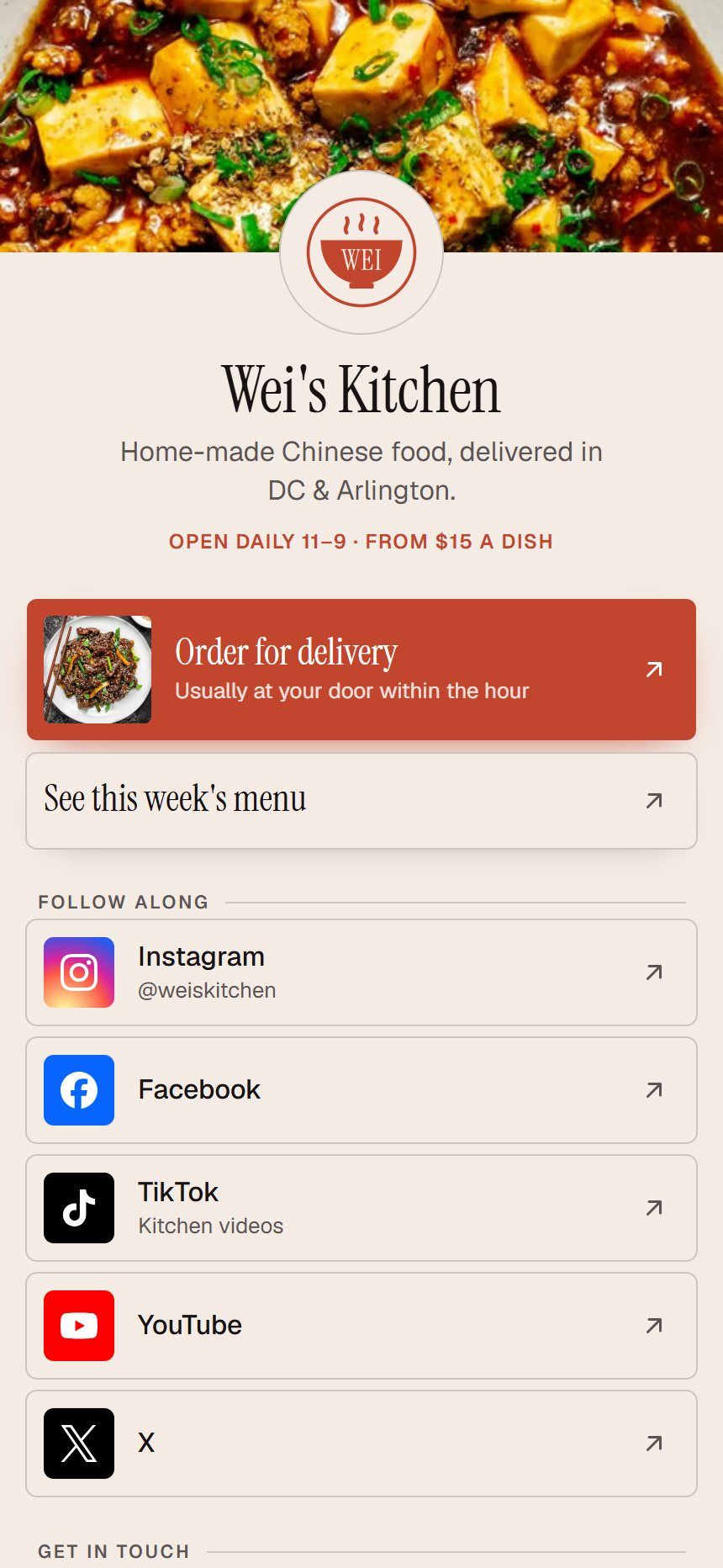 A links page on a phone: the Wei's Kitchen logo over a photo of mapo tofu, an Order for delivery button, then Instagram, Facebook, TikTok, YouTube and X, each with its own icon