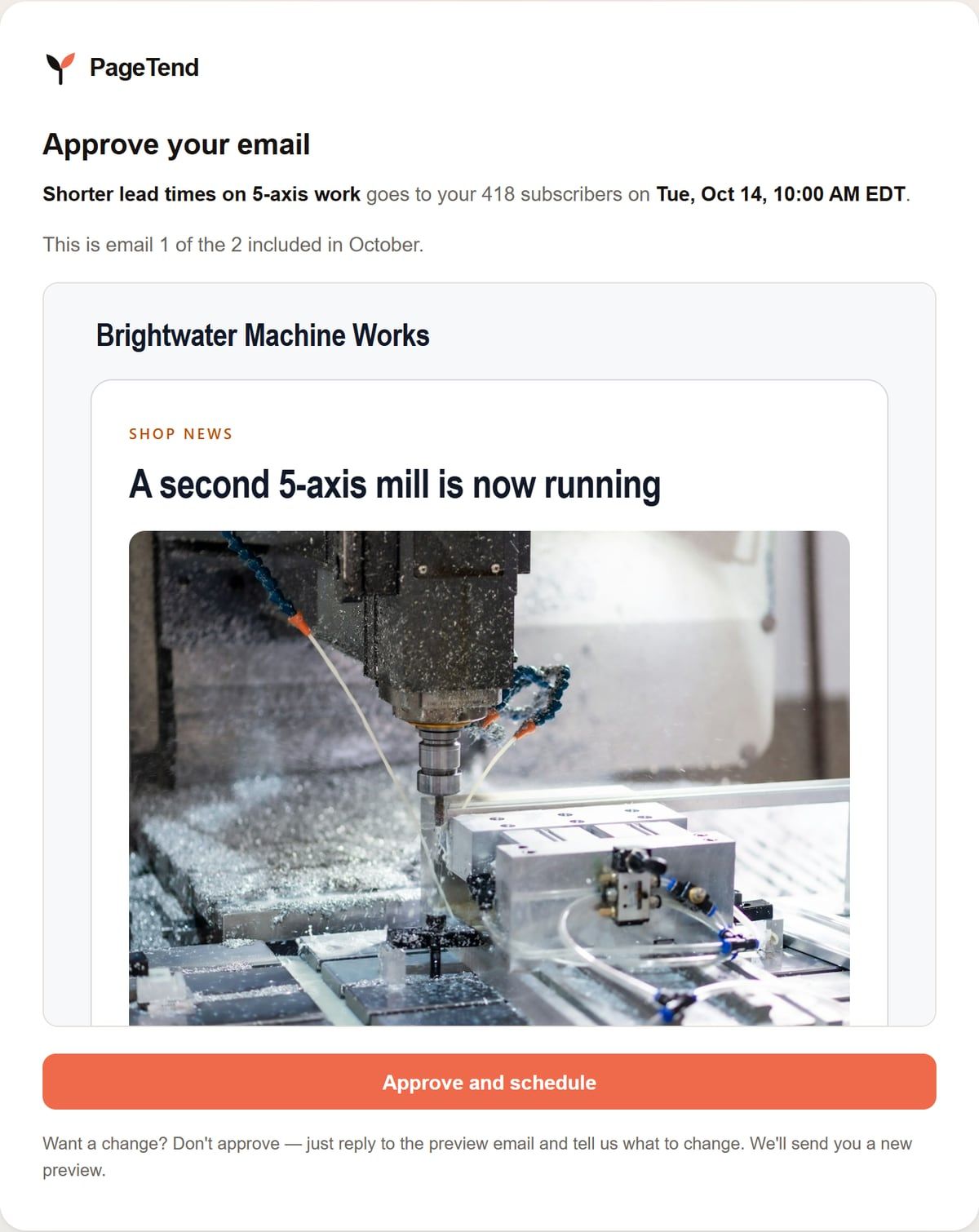 The Approve and schedule page, showing the email, the subscriber count and the send time