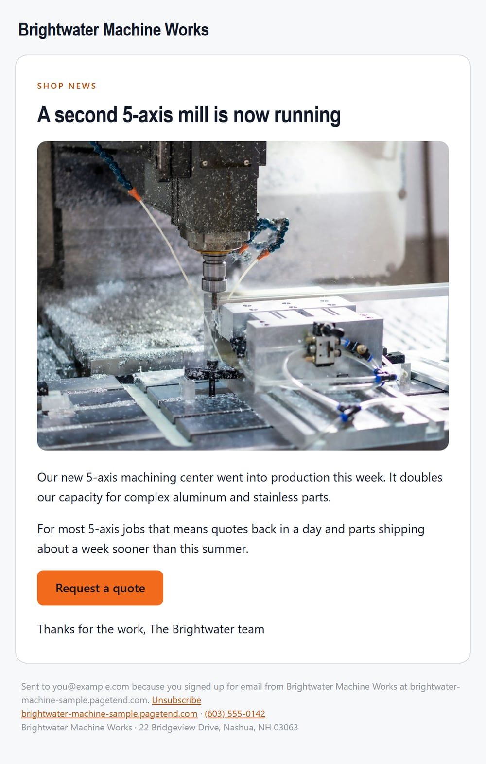 Sample announcement email for a machine shop: a second 5-axis mill is now running