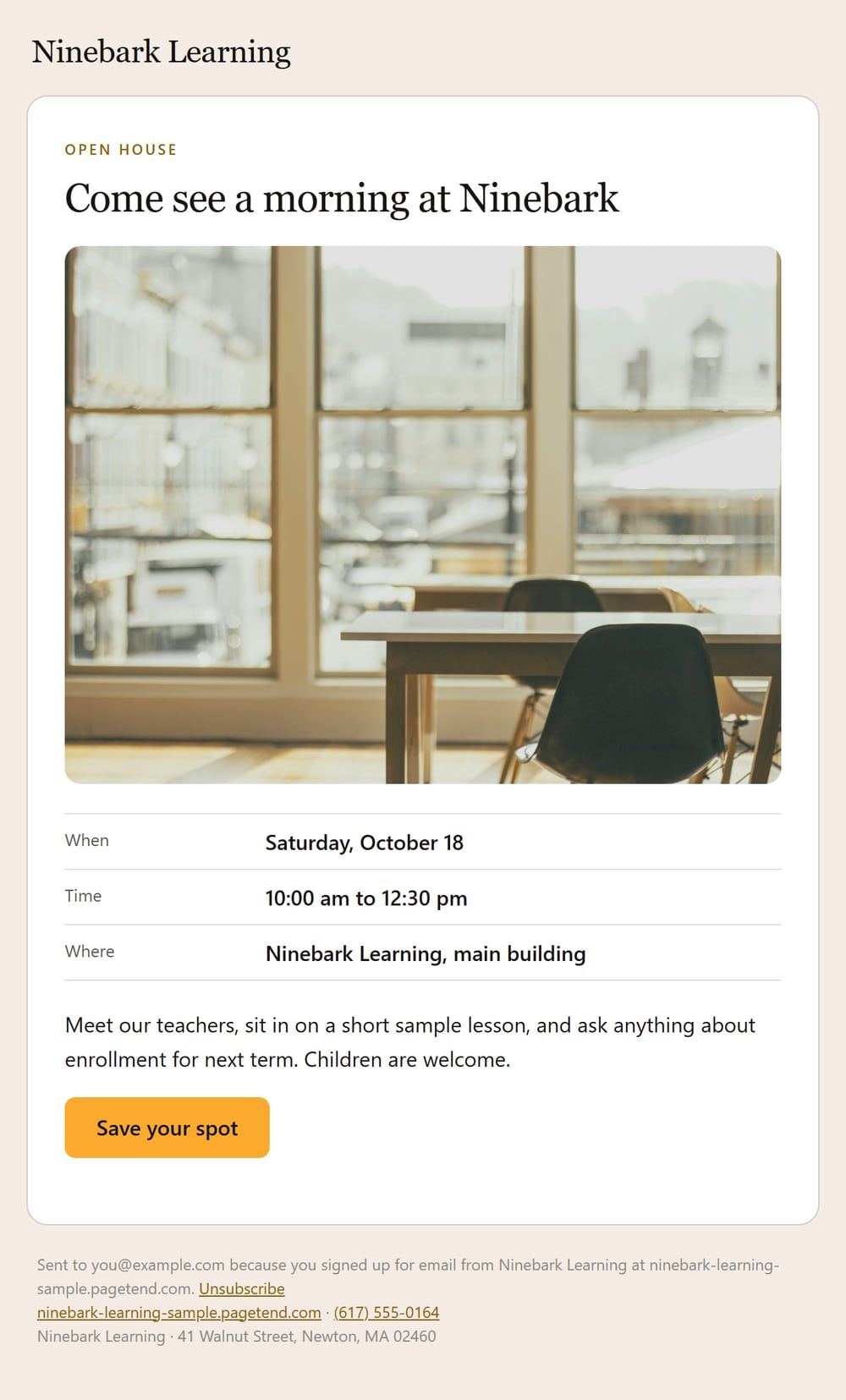 Sample event email for a learning center: an open house with the date, time and place