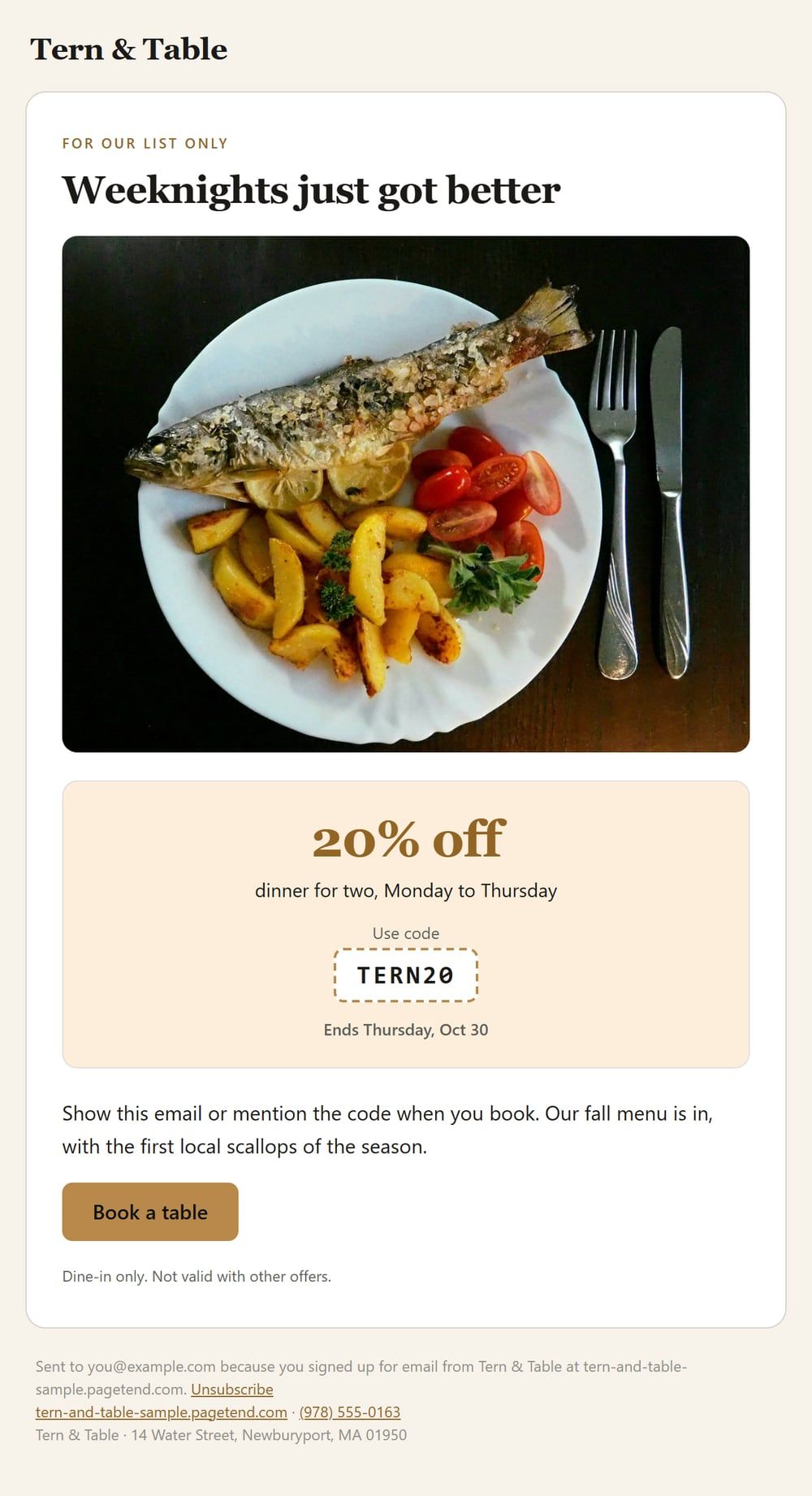 Sample offer email for a restaurant: 20% off weeknight dinners, with a code and an end date