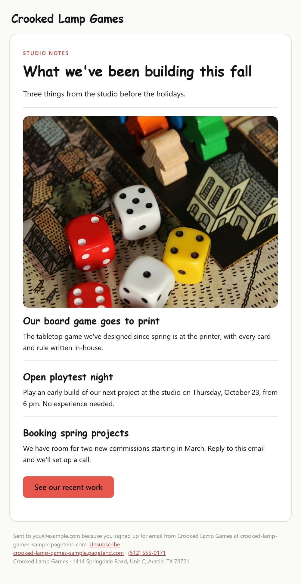 Sample roundup email for a game studio: three short stories from the month