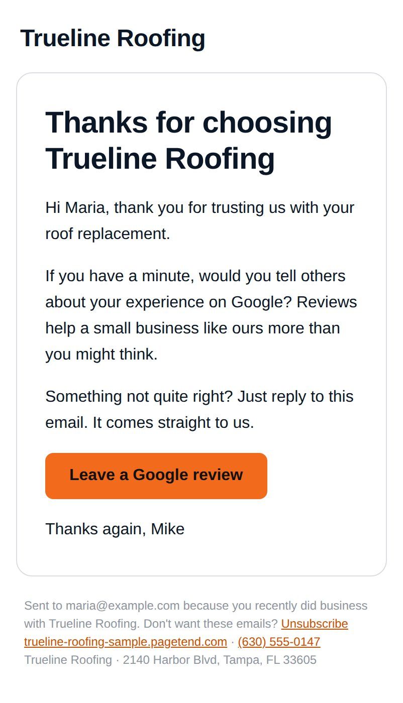 A Google review request from a sample roofing company: “Thanks for choosing Trueline Roofing”, with a “Leave a Google review” button