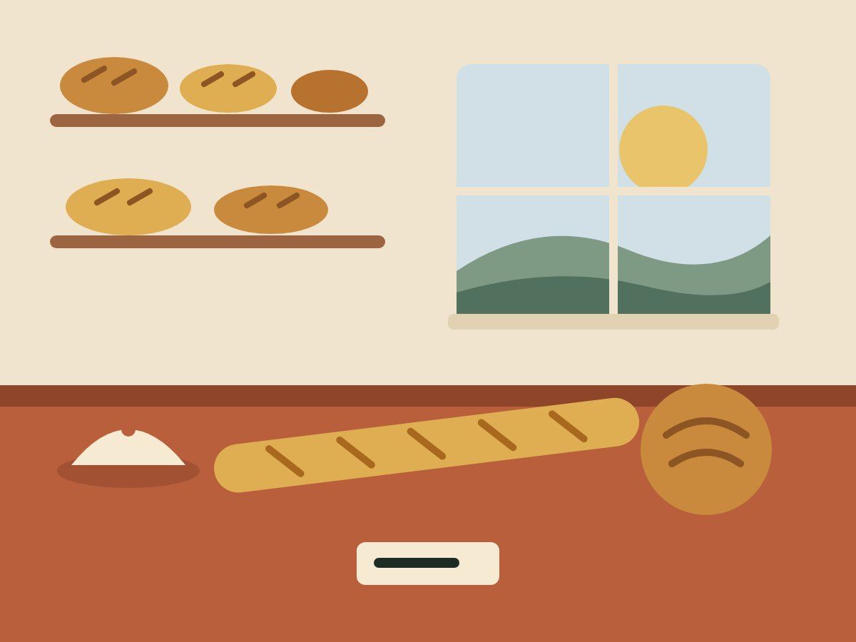 A flat illustration of a bakery counter with loaves on wooden shelves
