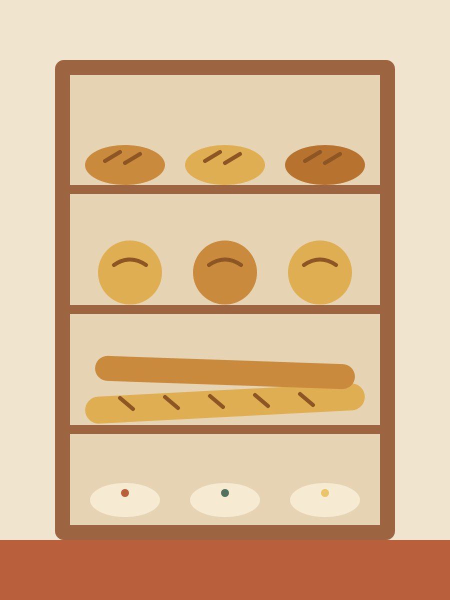 A flat illustration of a wooden bread rack stacked with loaves and rolls