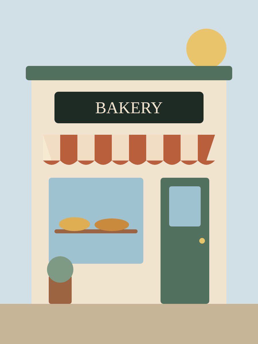 A flat illustration of a small bakery storefront with a striped awning