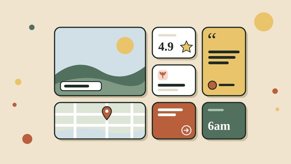 A flat illustration of a bento grid of mixed-size tiles: a photo, a star rating, a quote, a map pin and an arrow