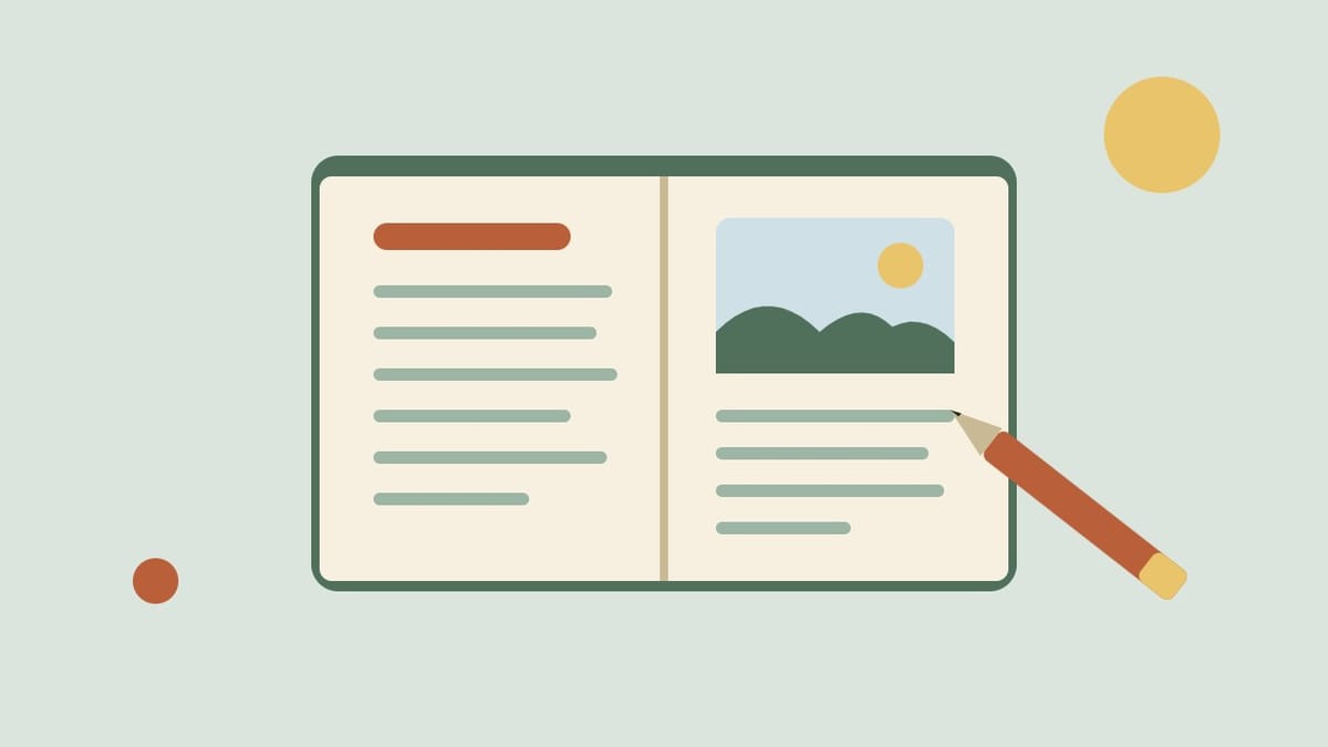 A flat illustration of an open notebook with a pen