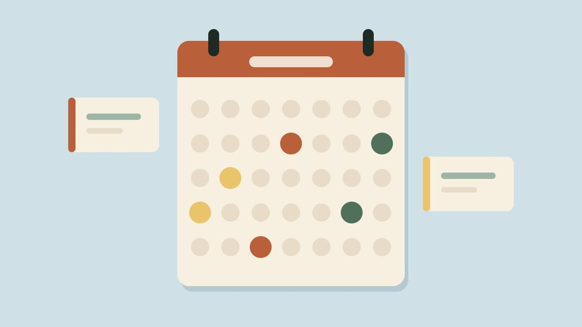 A flat illustration of a wall calendar with a few days marked in color