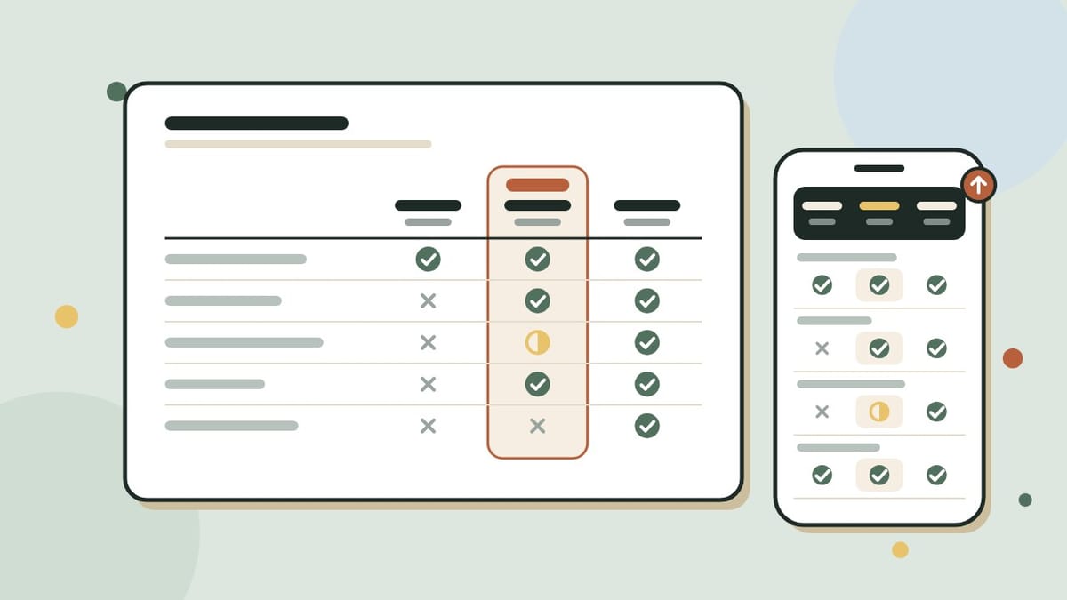 A flat illustration of a comparison table with three columns of ticks under a header row, the middle column highlighted