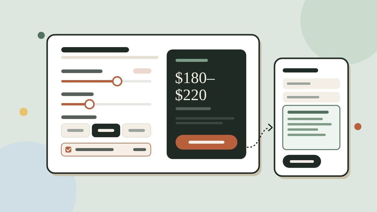 A flat illustration of a web page with sliders and a dark price card showing $180 to $220, and an arrow to a phone showing a contact form already filled in