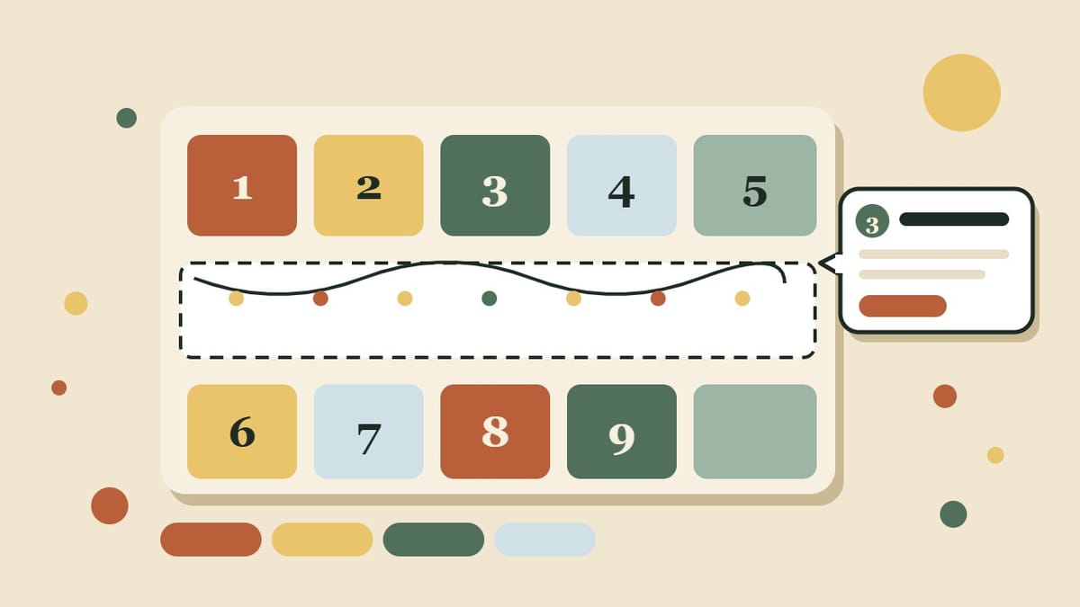 A flat illustration of a plan of numbered booths along a string-lit walkway, with one booth's card open