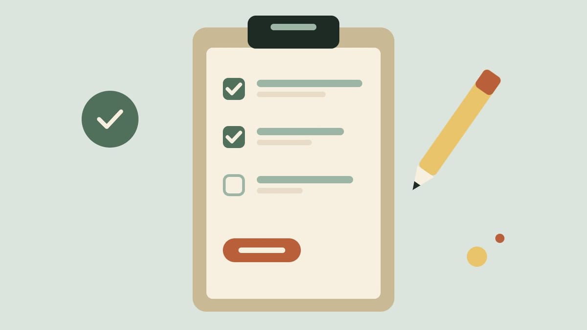 A flat illustration of a clipboard with a sign-up form, ticked boxes and a pen