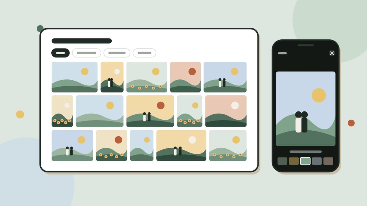 A flat illustration of a photo gallery: rows of pictures of different shapes fitted edge to edge, and a phone showing one photo full screen with a filmstrip below