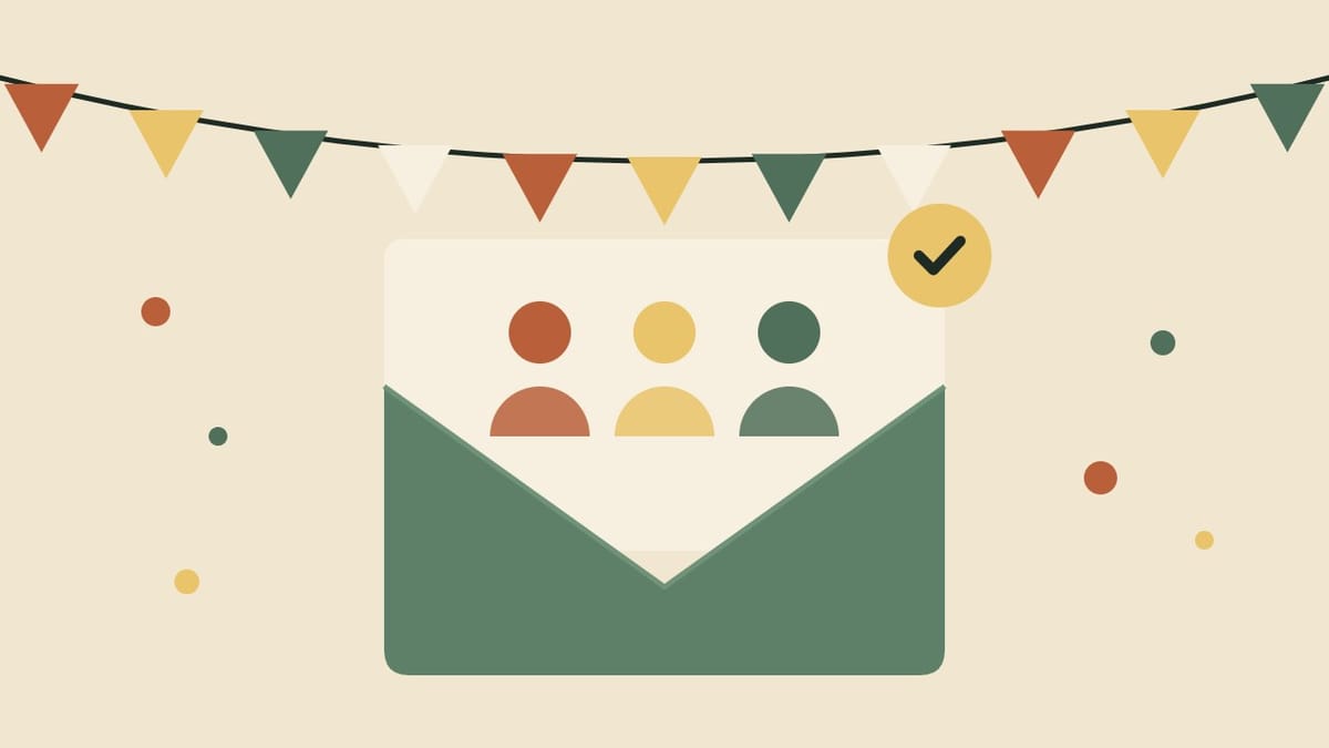 A flat illustration of an invitation with a going count and a name tag