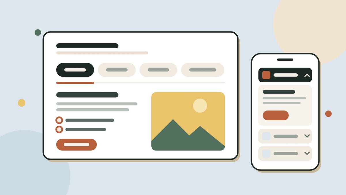A flat illustration of a web page with a row of tabs over a panel, beside a phone showing the same choices as an accordion