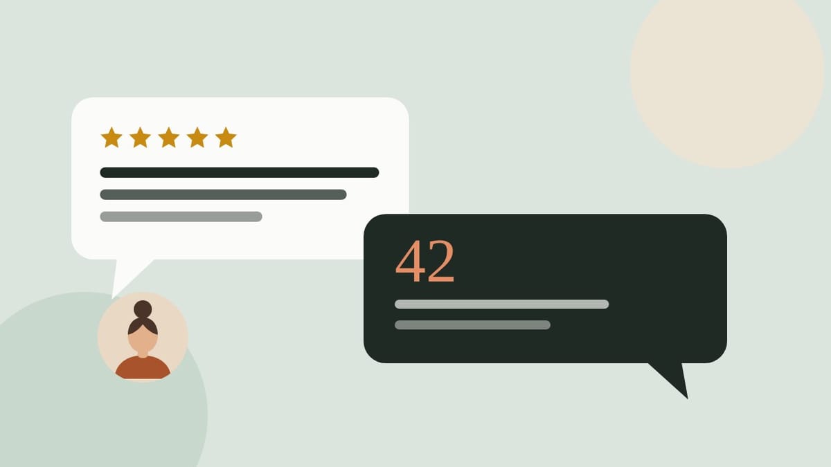 A flat illustration of two speech bubbles, one with five gold stars and one with the number 42, beside a smiling customer