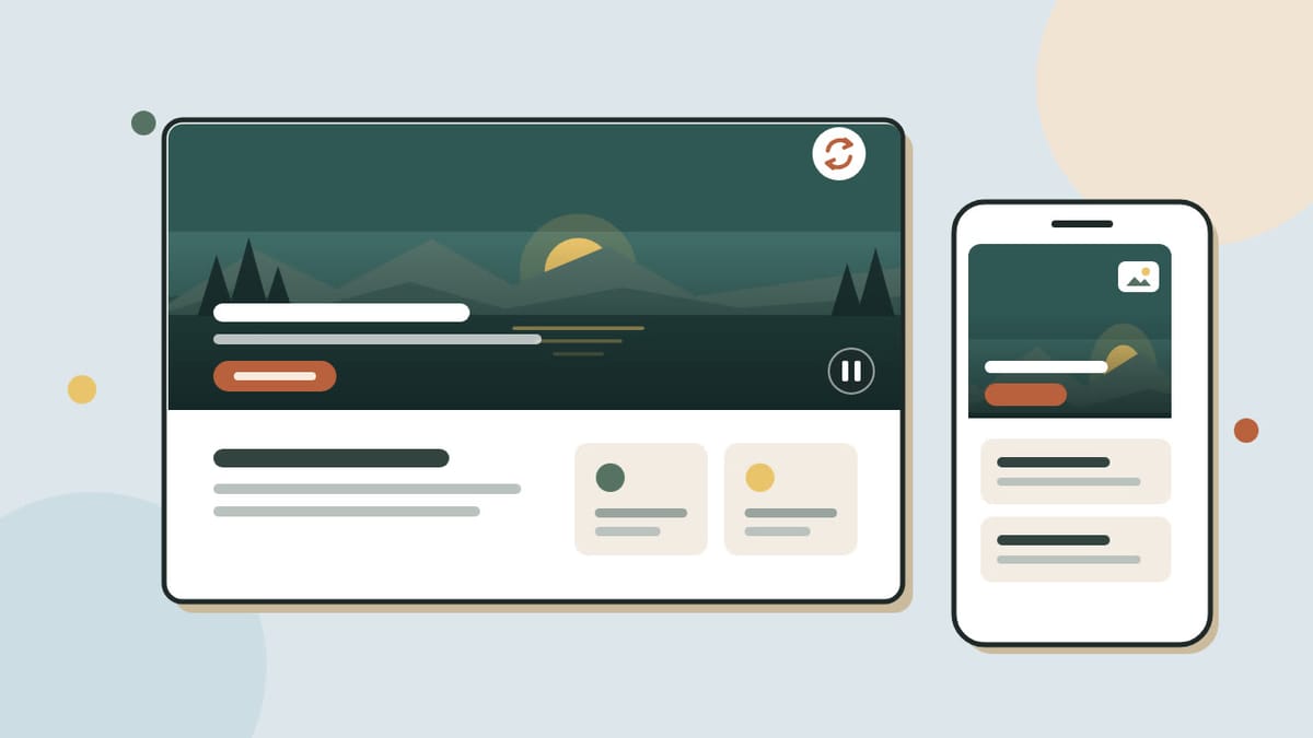 A flat illustration of a web page whose top band shows a lake at dawn with a pause button, beside a phone showing the same scene as a still photo