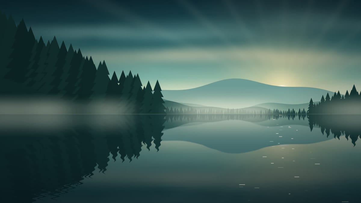 A flat illustration of a misty lake at dawn, pine forest on the shore and hills behind