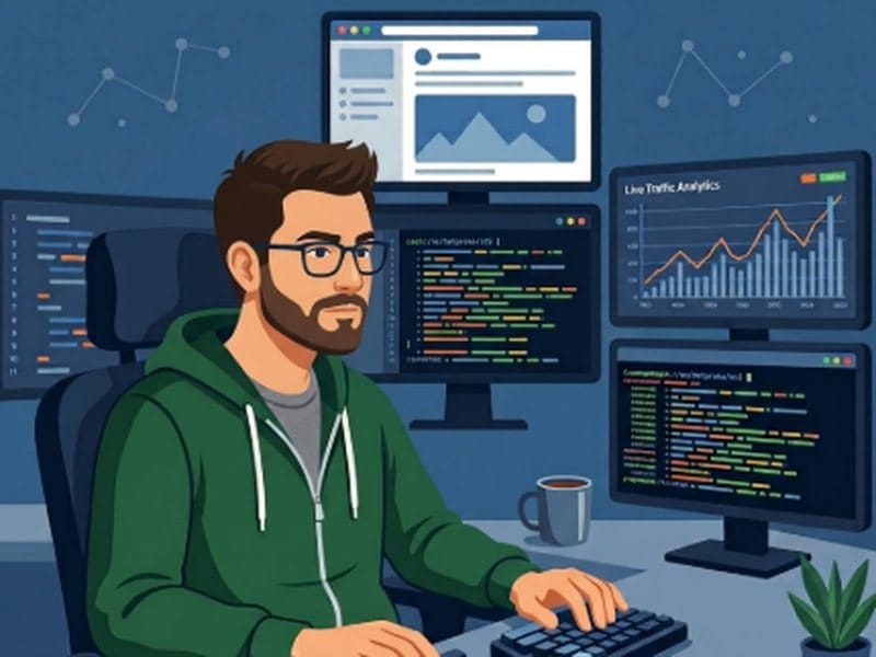 Illustration of Jack Kowalski at a desk surrounded by screens