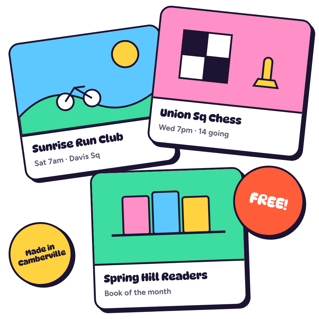 Three club cards, Sunrise Run Club, Union Sq Chess and Spring Hill Readers, with stickers saying Free and Made in Camberville