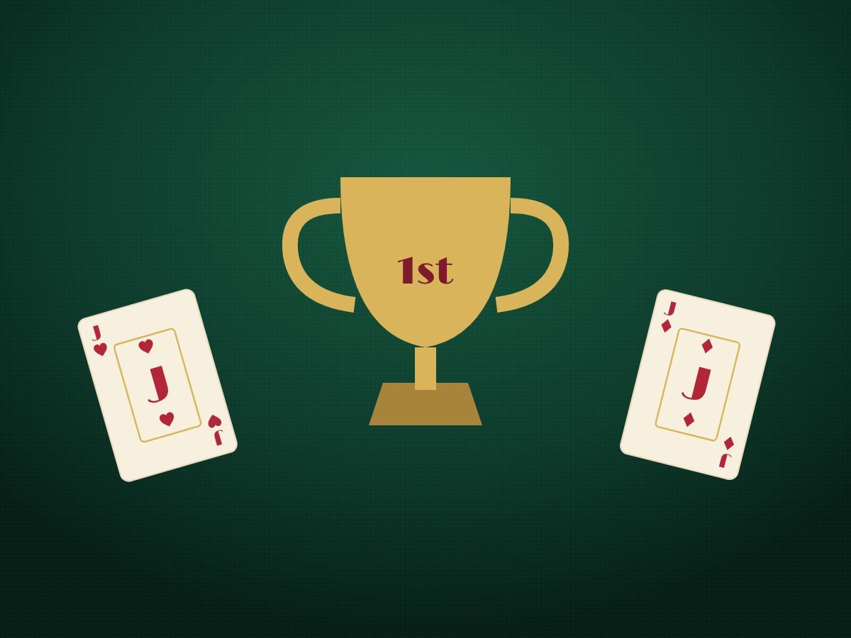 Drawing of a brass trophy between the jack of hearts and the jack of diamonds
