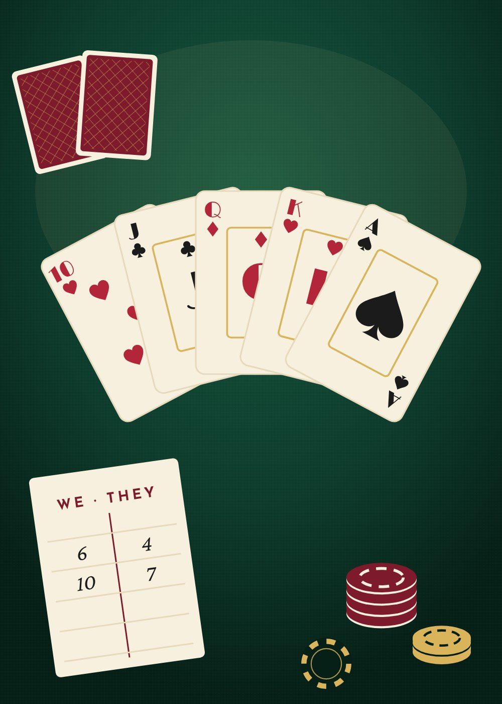 Drawing of a fanned hand of five cards on green baize, with poker chips and a euchre scorepad
