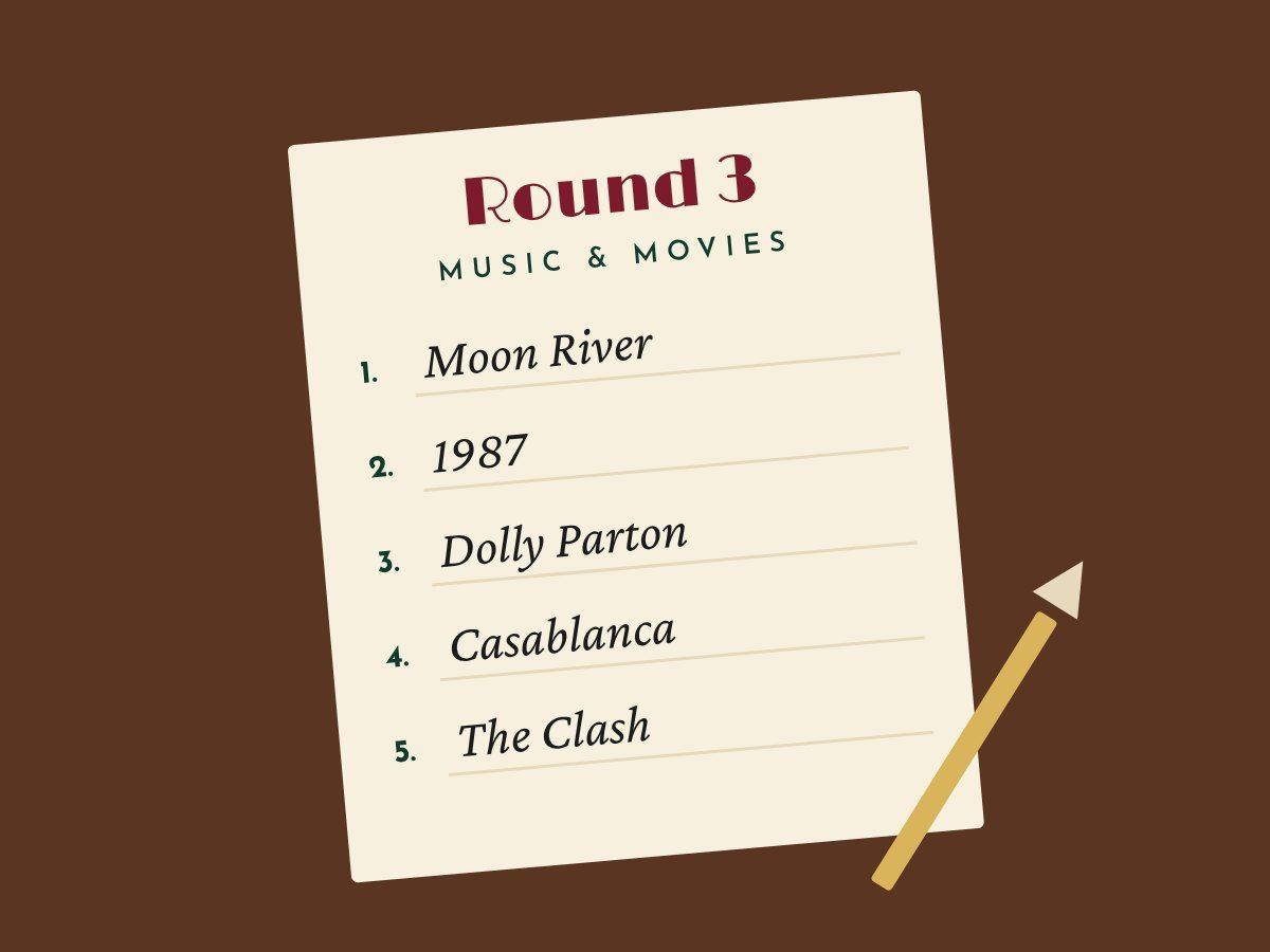 Drawing of a quiz answer sheet for round three, music and movies