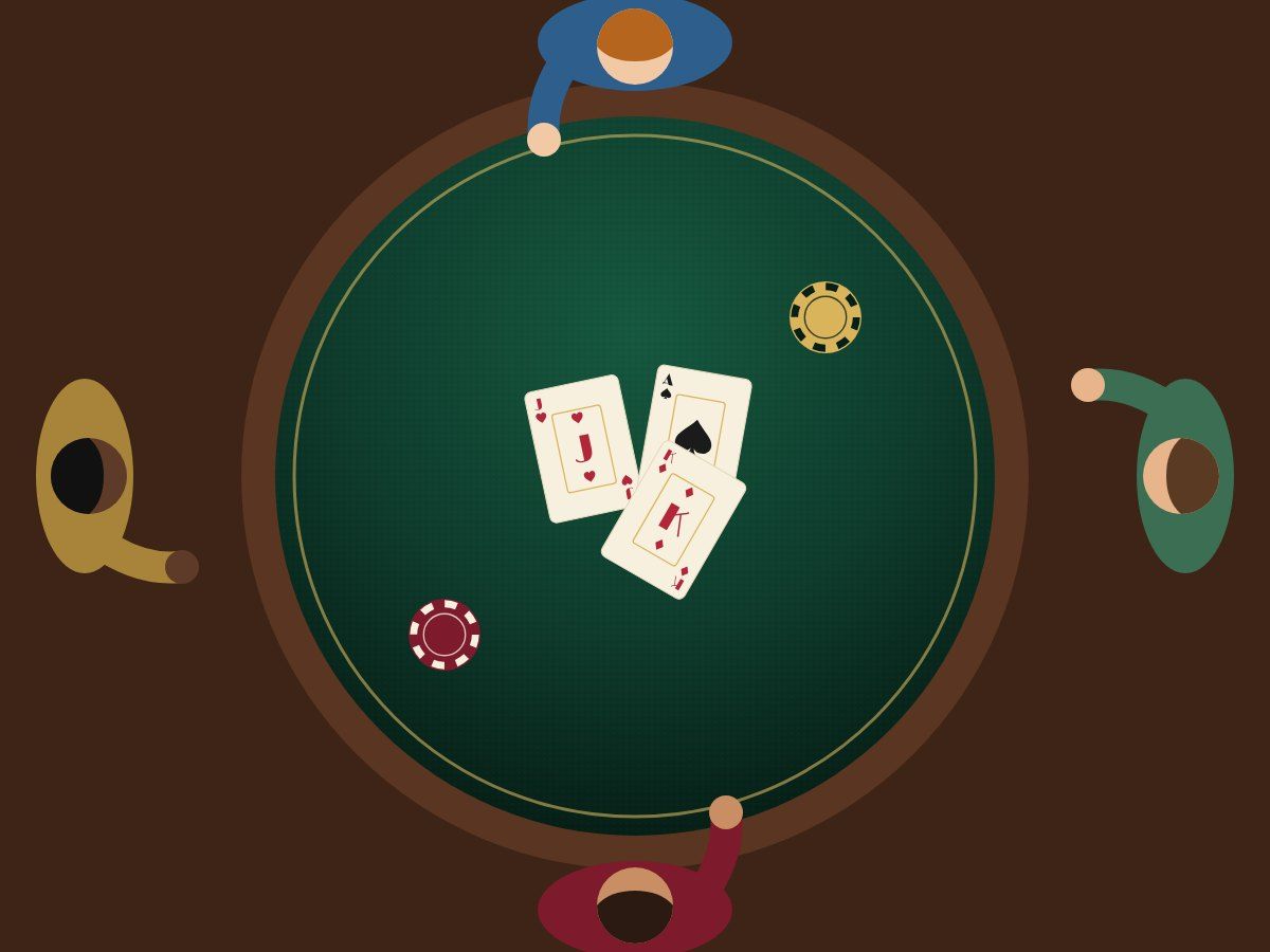 Drawing of four friends round a green card table from above, the last trick in the middle