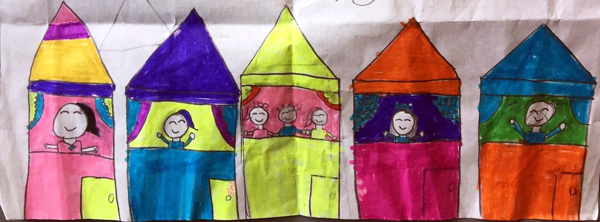 A child's drawing of five colourful houses with friends at the windows, by Ma Yueyi, Grade 2, Shimiao Primary School