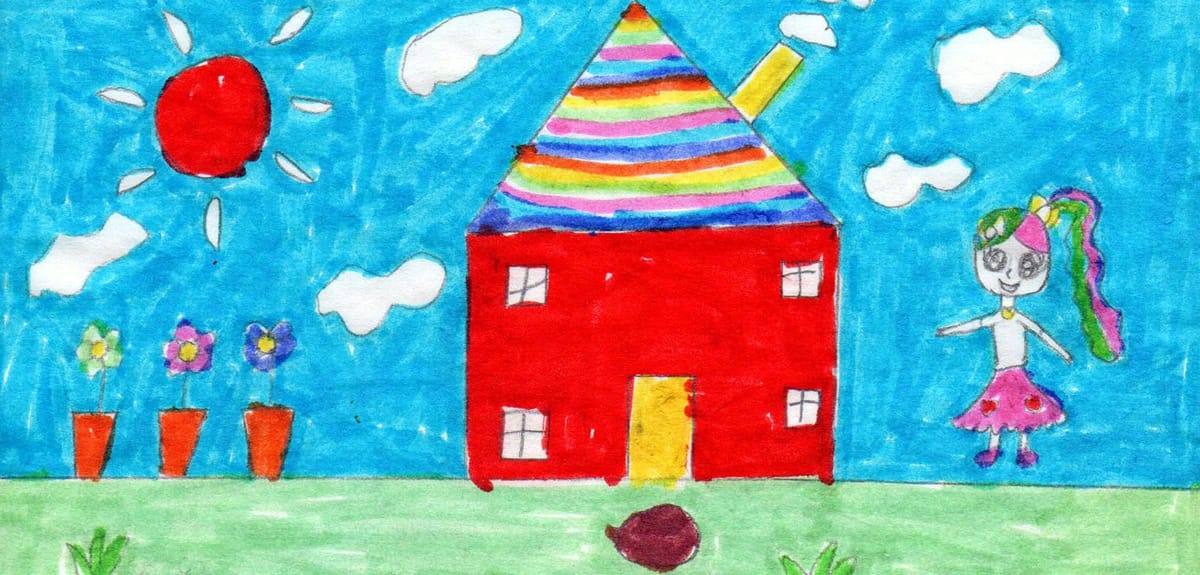 A child's drawing of a red house with a rainbow roof, by Liang Xiyue, Grade 1, Zhenxing Primary School