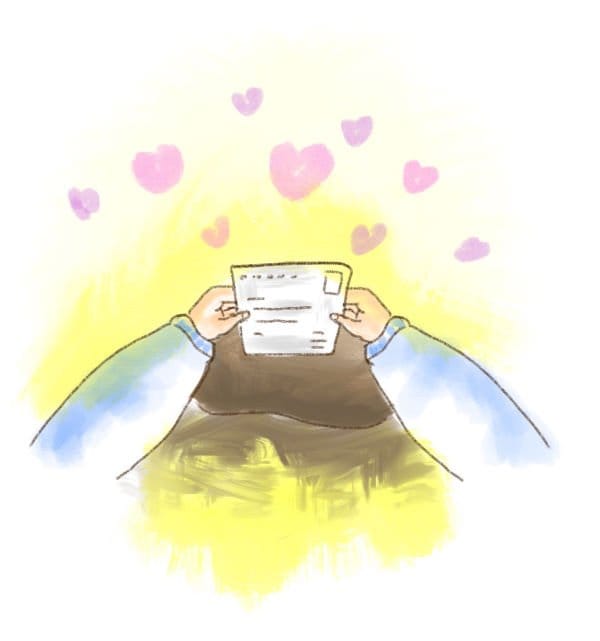 Watercolour of two hands holding a letter, with hearts floating above