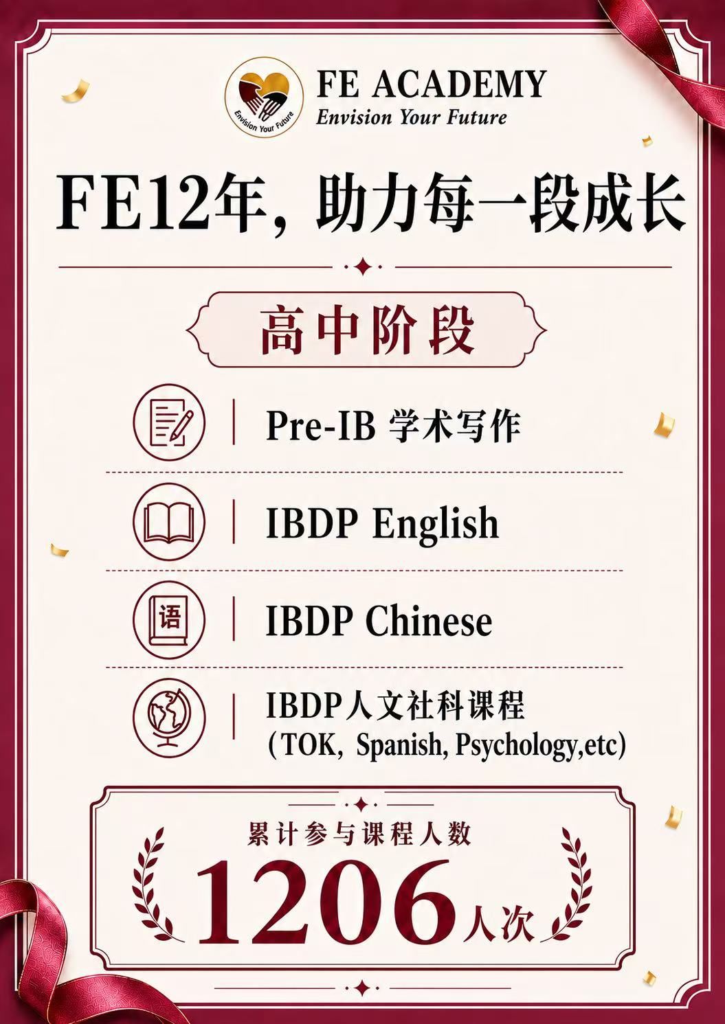FE 12th anniversary poster listing the senior/IB-stage courses