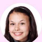 Portrait beside a student testimonial: a smiling student with shoulder-length hair