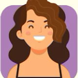 Portrait beside a student testimonial: an illustrated student with curly hair